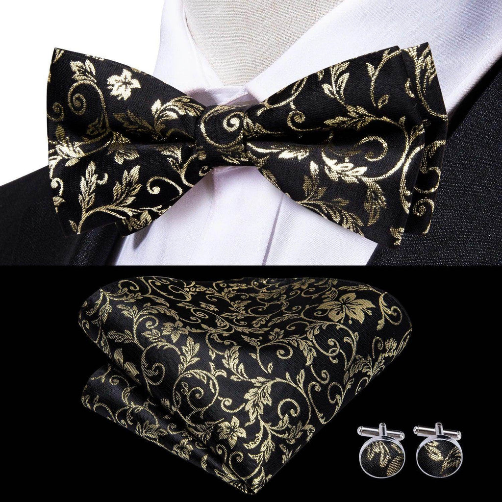 Men's black silk bow ties for men with gold floral design, formal wear accessory