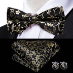 Men's black silk bow ties for men with gold floral design, formal wear accessory