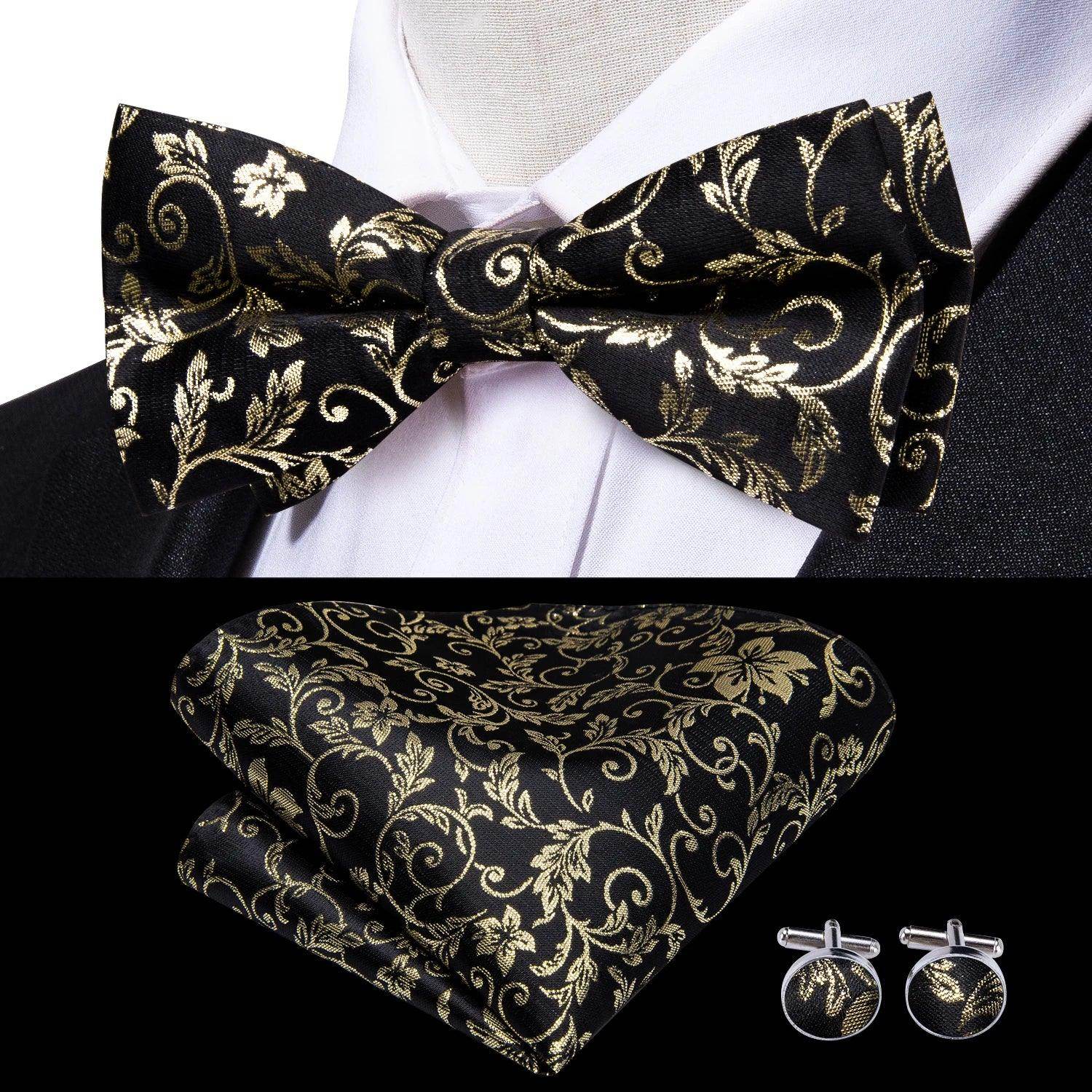 Men's black silk bow ties for men with gold floral design, formal wear accessory