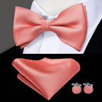 Peach silk bow ties for men with matching pocket square and cufflinks