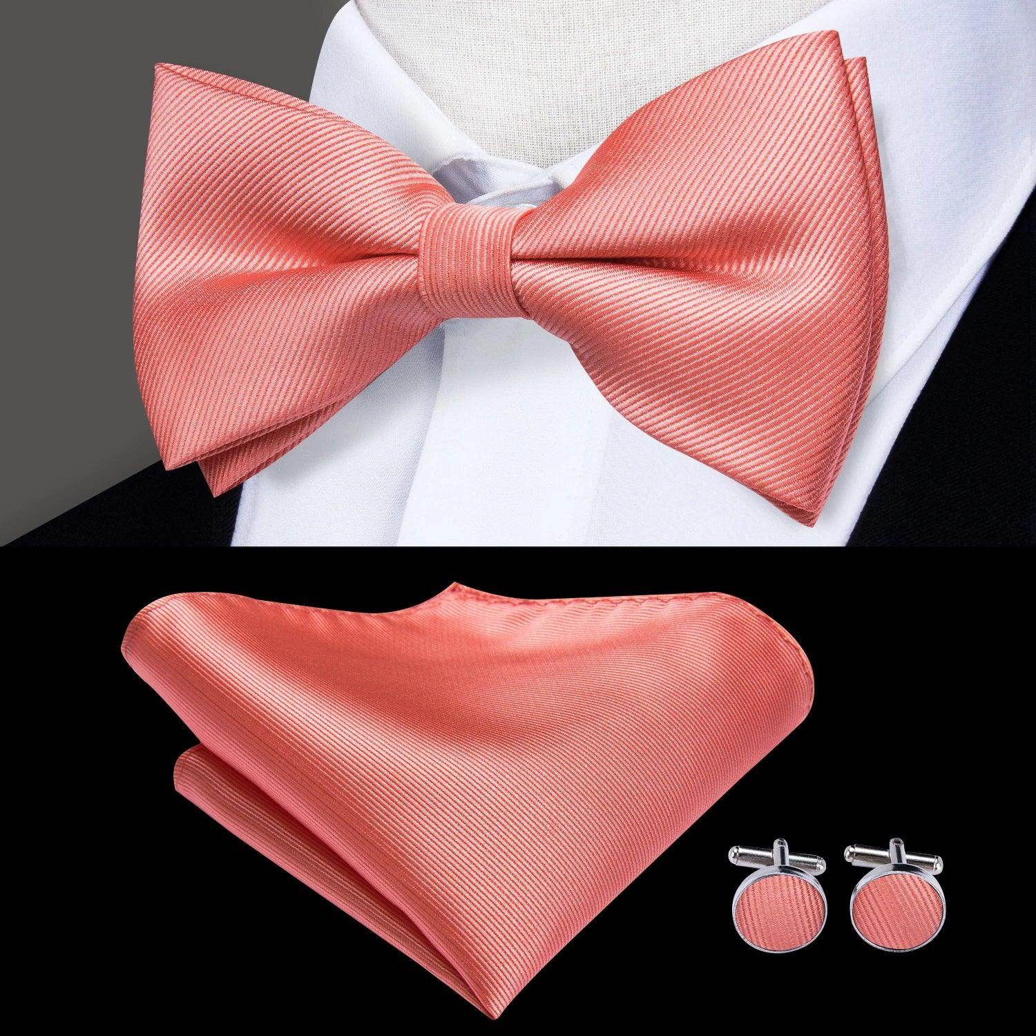Peach silk bow ties for men with matching pocket square and cufflinks