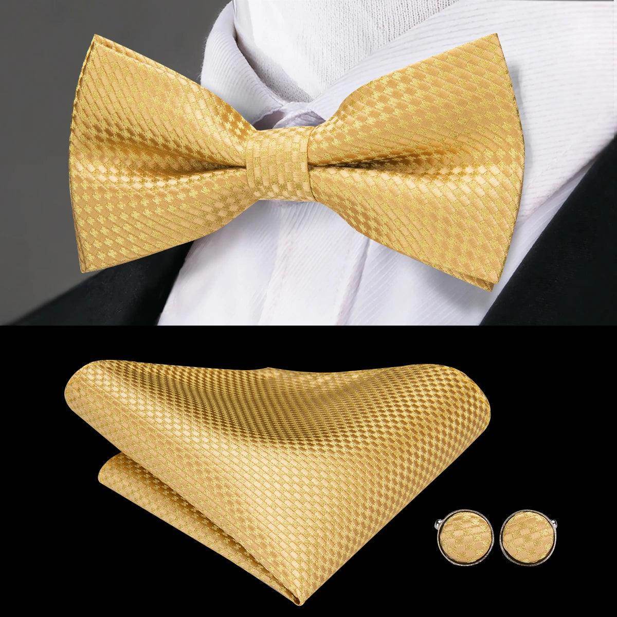 Gold silk bow ties for men with matching pocket square and cufflinks