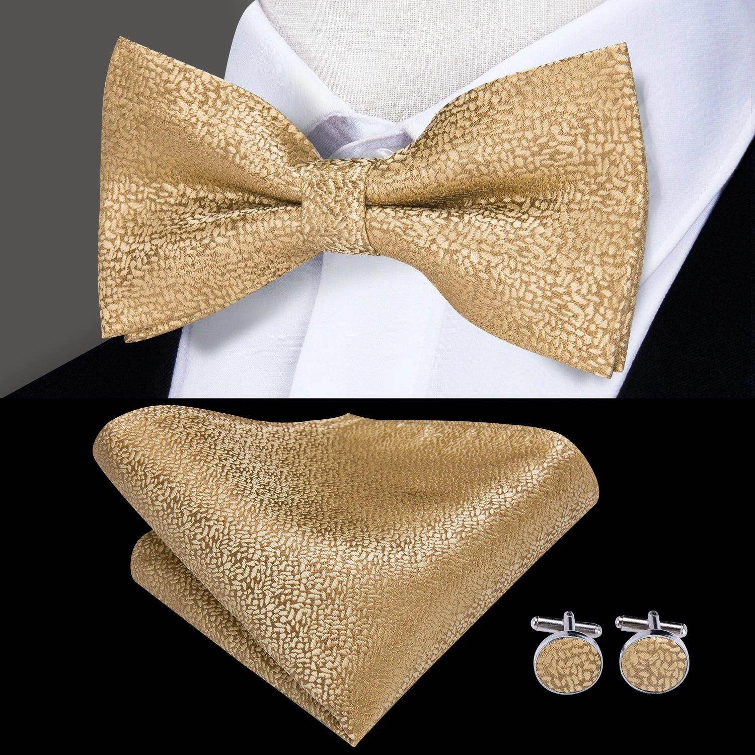 Silk bow ties for men in gold with matching pocket square and cufflinks