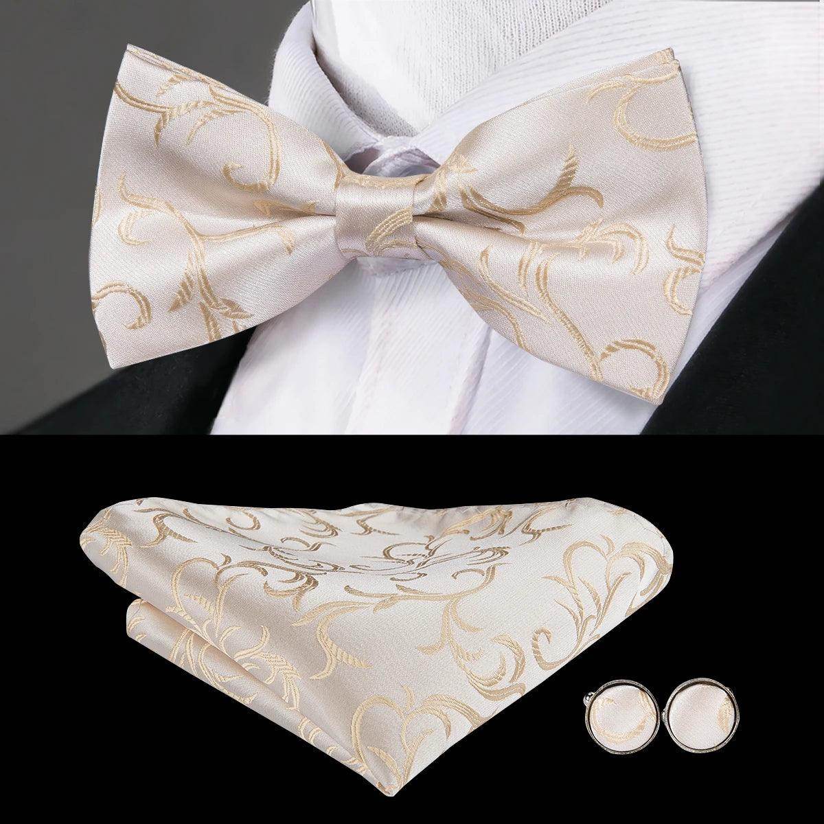Men's silk bow ties for men, elegant cream with gold pattern
