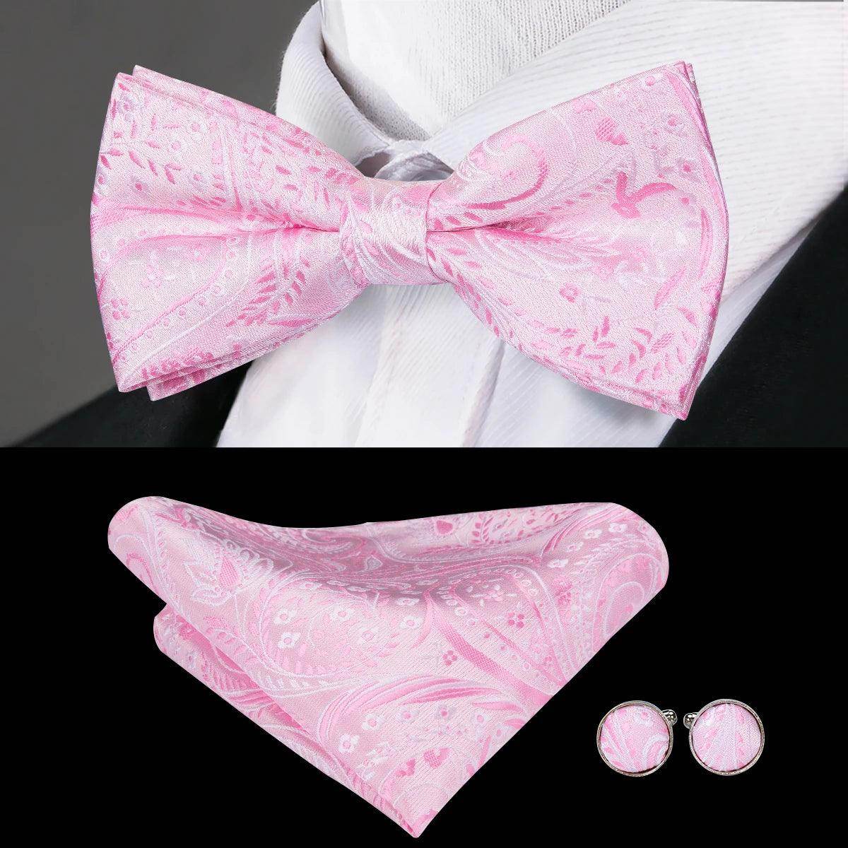 Pink silk bow ties for men with matching pocket square and cufflinks