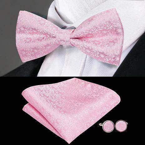 Pink silk bow ties for men with matching pocket square and cufflinks