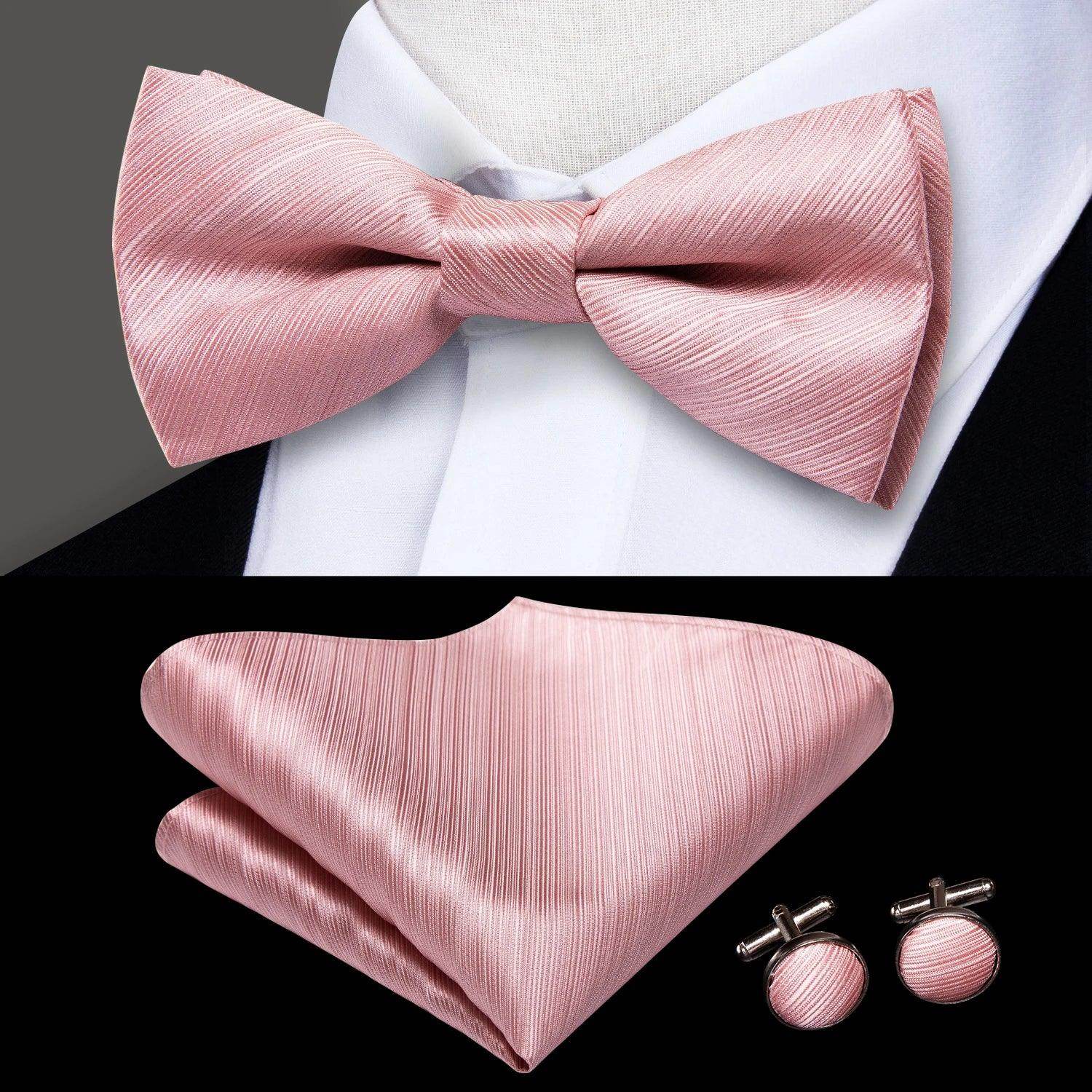 Pink silk bow ties for men with matching pocket square and cufflinks