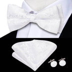 White silk bow ties for men with matching pocket square and cufflinks