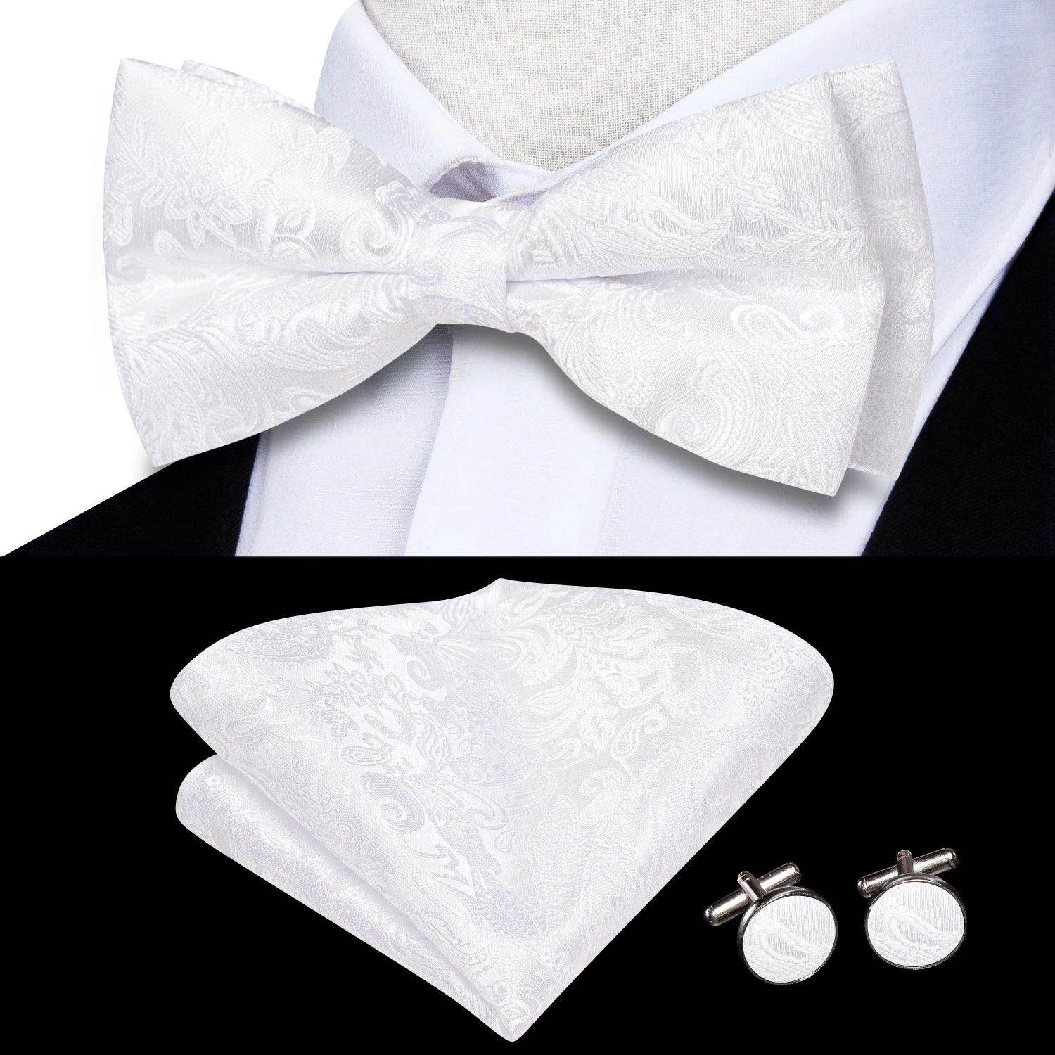 White silk bow ties for men with matching pocket square and cufflinks