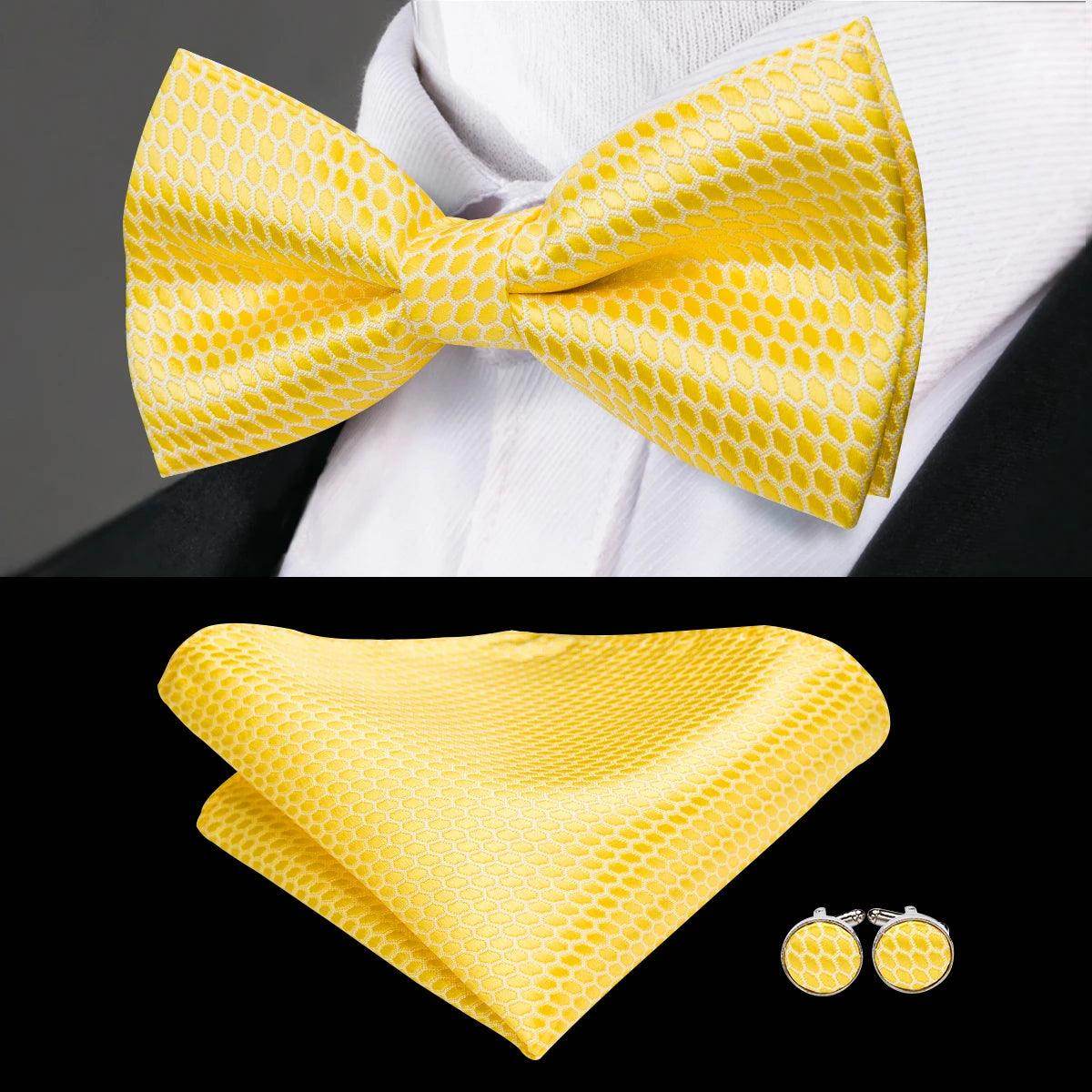Yellow silk bow ties for men with matching pocket square and cufflinks