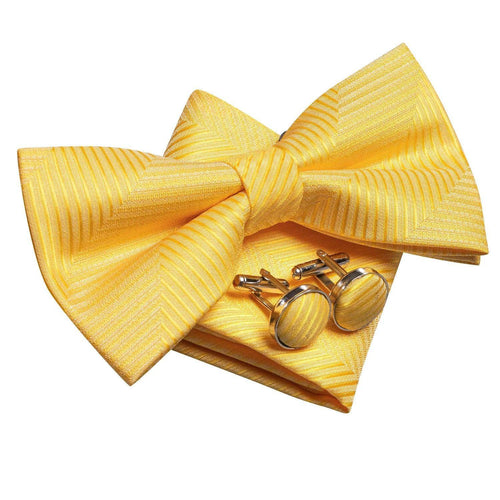 Yellow silk bow ties for men with matching pocket square and cufflinks