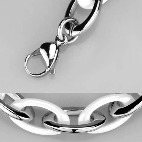 Close-up of a silver and white link bracelet for women featuring a stylish lobster clasp