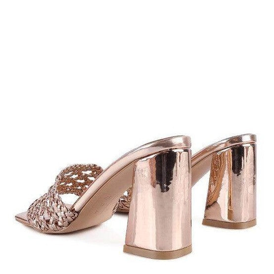 Stylish silver braided slider sandals with a chic block heel for women, perfect for elegant outings