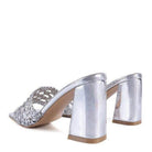 Stylish silver braided slider sandals with chunky heels for fashionable women