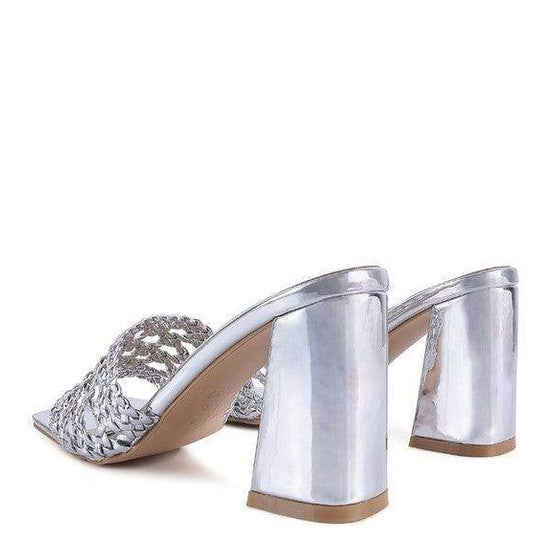 Stylish silver braided slider sandals with chunky heels for fashionable women