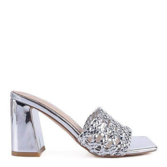 Stylish silver braided slider sandals with a chunky heel for versatile summer looks
