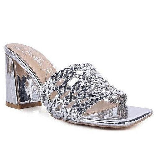 Rag Company silver braided slider sandals with a stylish block heel for elegant summer wear