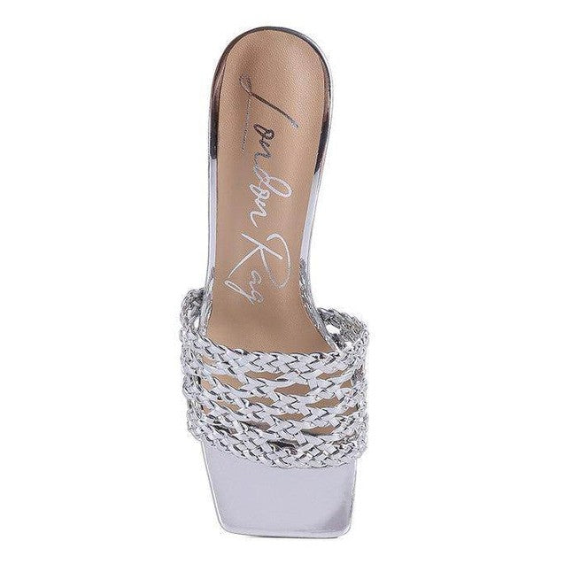 Stylish silver braided slider sandals with a chunky heel and comfortable fit for women's summer fashion