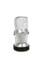 Rag Company women's silver buckle strap boots with a shiny metallic finish and durable sole