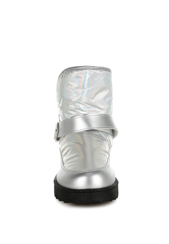 Rag Company women's silver buckle strap boots with a shiny metallic finish and durable sole