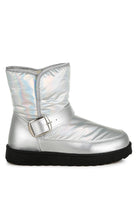 Rag Company silver buckle strap boots featuring a shiny metallic finish and cozy design