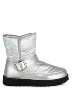 Rag Company silver buckle strap boots featuring a shiny metallic finish and cozy design