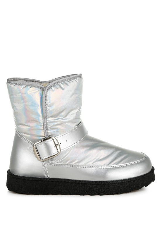 Rag Company silver buckle strap boots featuring a shiny metallic finish and cozy design