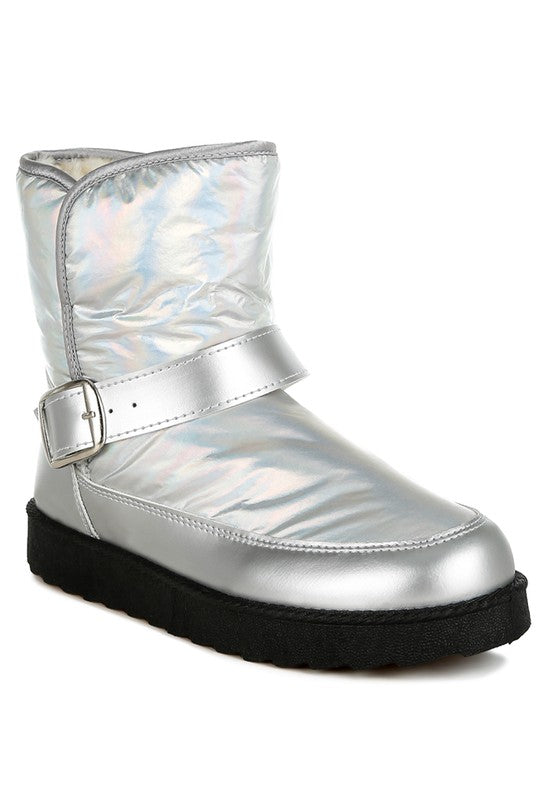 Rag Company silver buckle strap boots featuring a shiny metallic design and soft lining for comfort