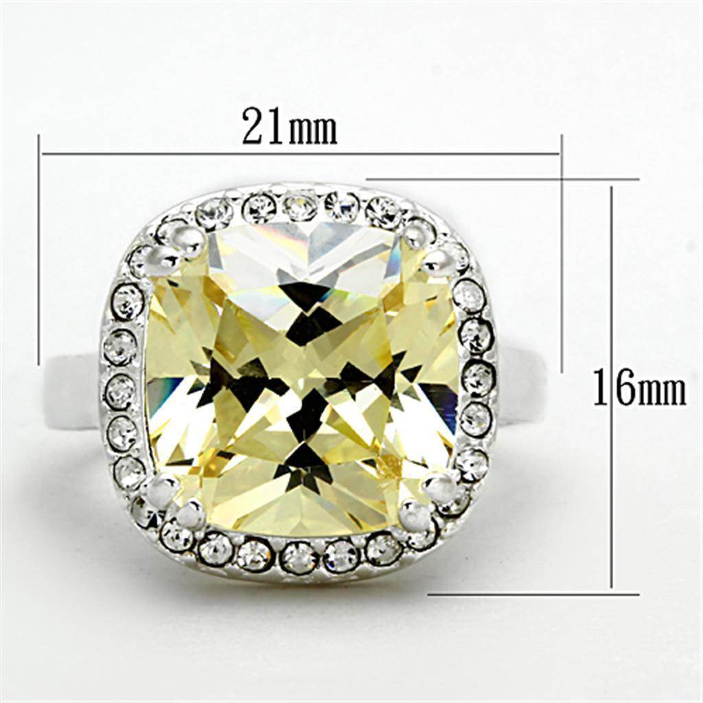 Silver cushion cut engagement ring with a large stone and sparkling accents, measuring 21mm by 16mm
