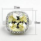 Silver cushion cut engagement ring with a large stone and sparkling accents, measuring 21mm by 16mm