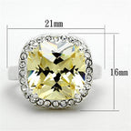 Silver cushion cut engagement ring with a large stone and sparkling accents, measuring 21mm by 16mm