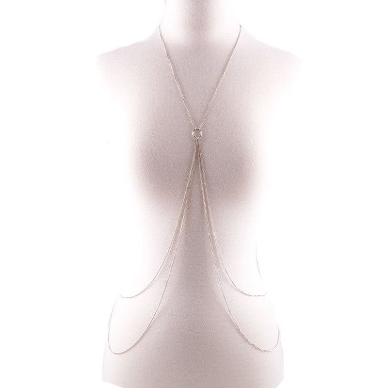 Bella Chic silver double layered body chain jewelry displayed on a white mannequin torso