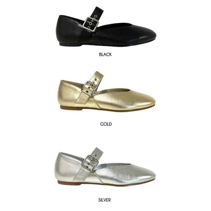 Maker's Shoes women's silver mary jane flats with buckle strap shown with black and gold color options