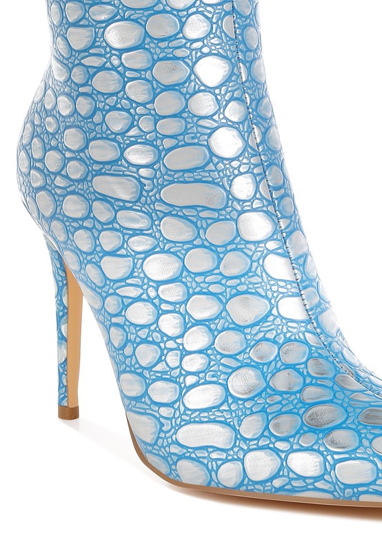 Rag Company silver high heel party boots with a textured blue design for stylish evening wear