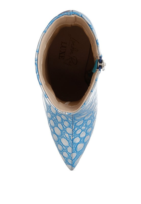 Rag Company silver high heel party boots with unique blue pattern for stylish occasions