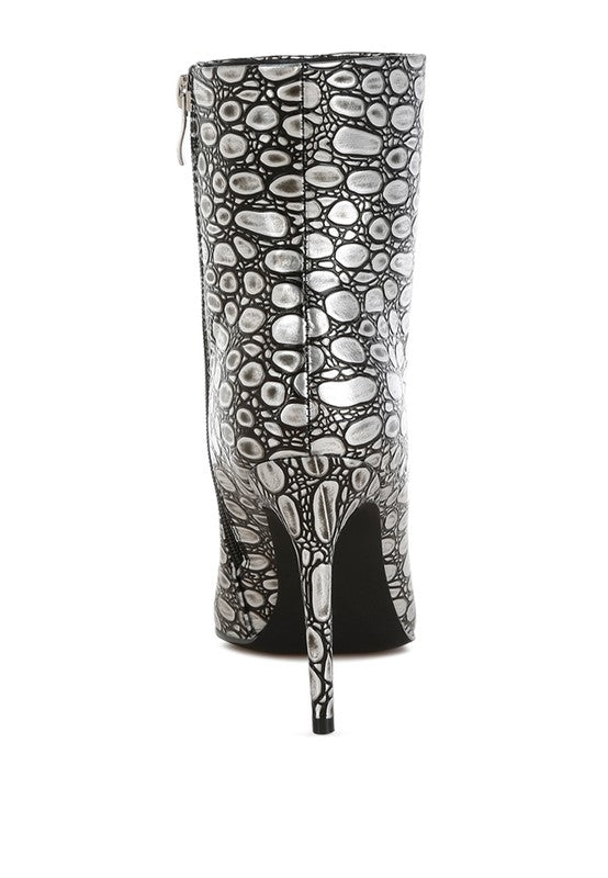 Rag Company silver high heel party boots with a stylish reptile texture and sleek design