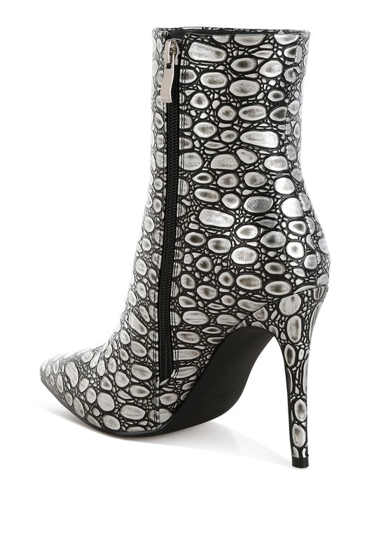 Rag Company silver high heel party boots with unique textured design and sleek silhouette