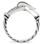 Elegant silver knot engagement ring featuring a unique twisted band design and sparkling accents