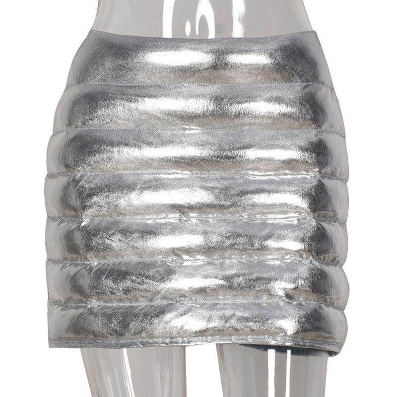 Silver Puffer Skirt Metallic Shiny Quilted Mini Clubwear - VacationGrabs