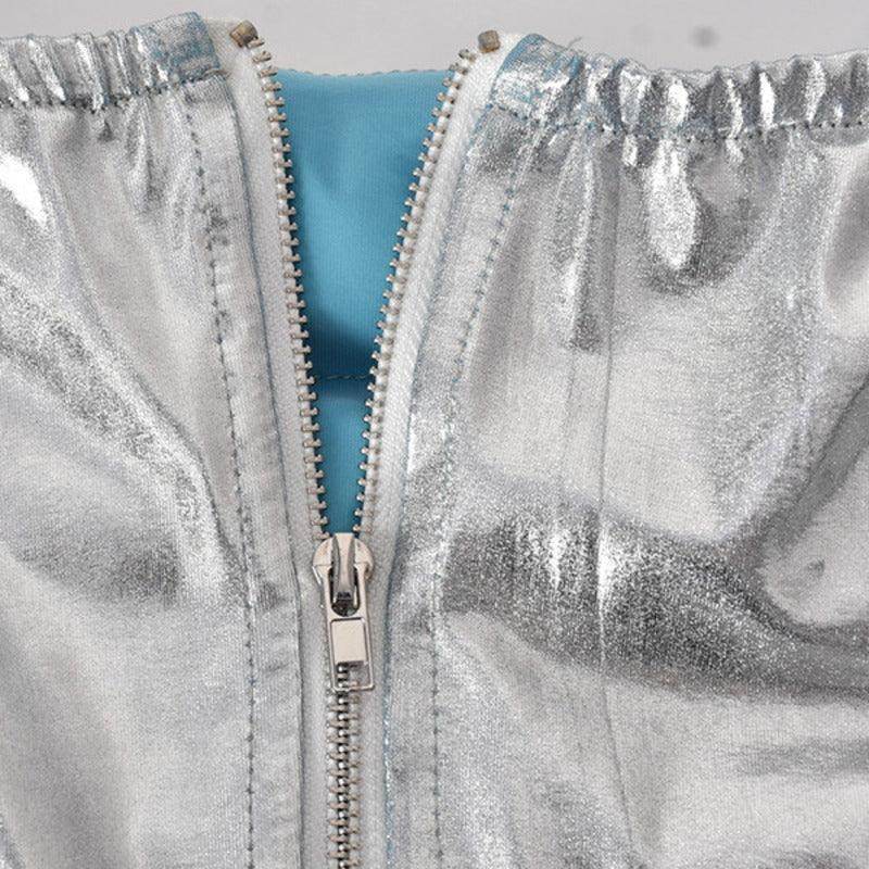 Silver Puffer Skirt Metallic Shiny Quilted Mini Clubwear - VacationGrabs