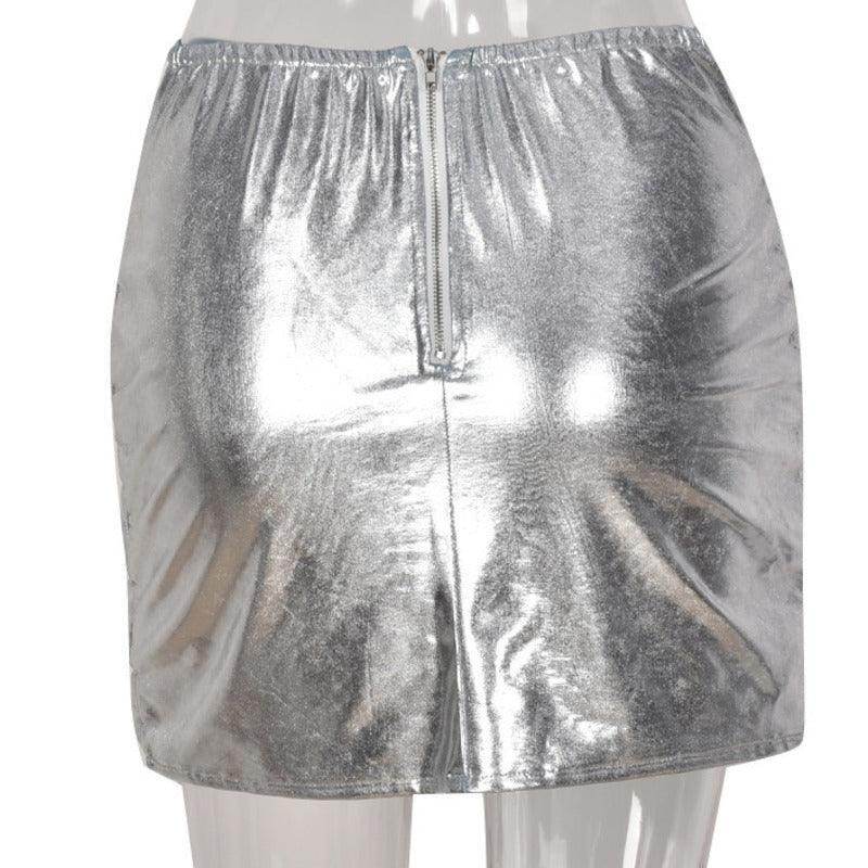 Silver Puffer Skirt Metallic Shiny Quilted Mini Clubwear - VacationGrabs