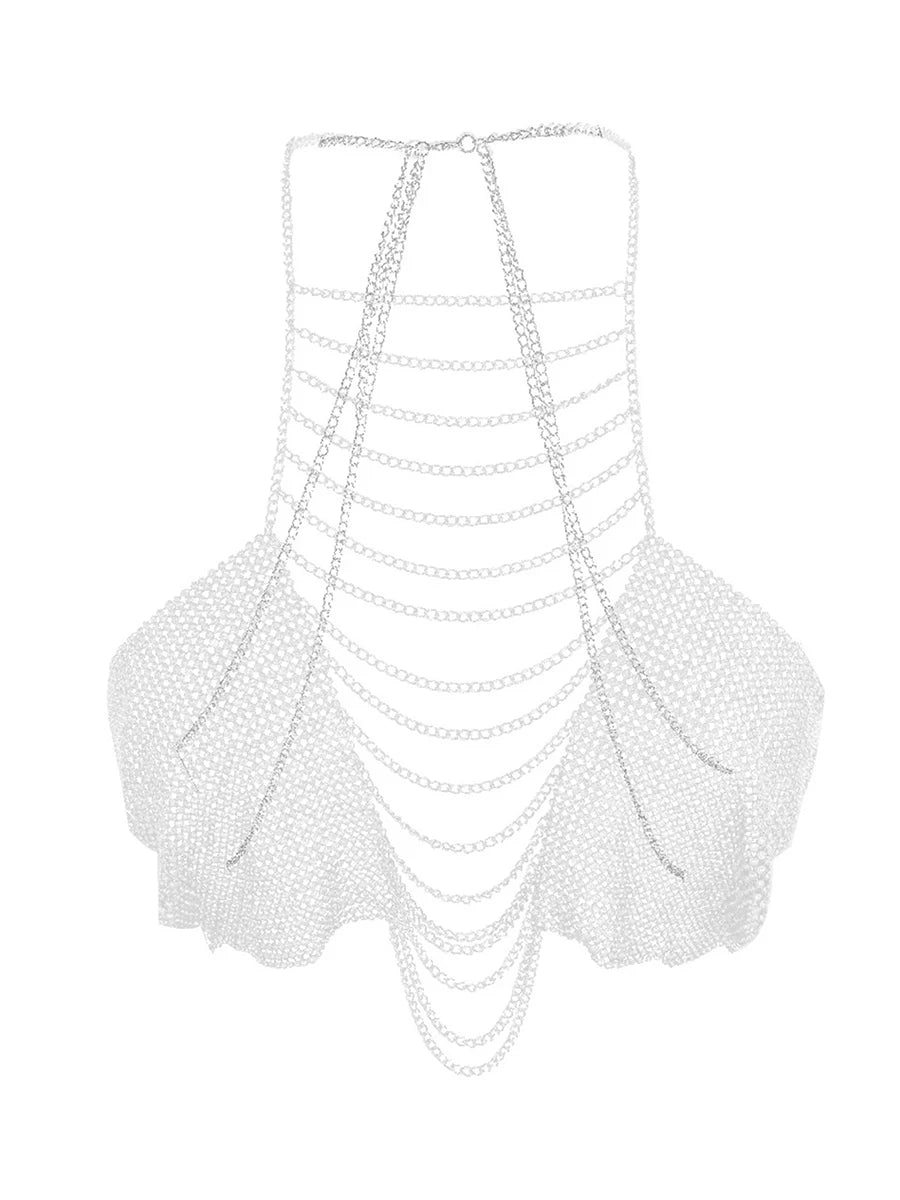 Silver rhinestone body chain top clubwear with layered chains and mesh design for nightlife