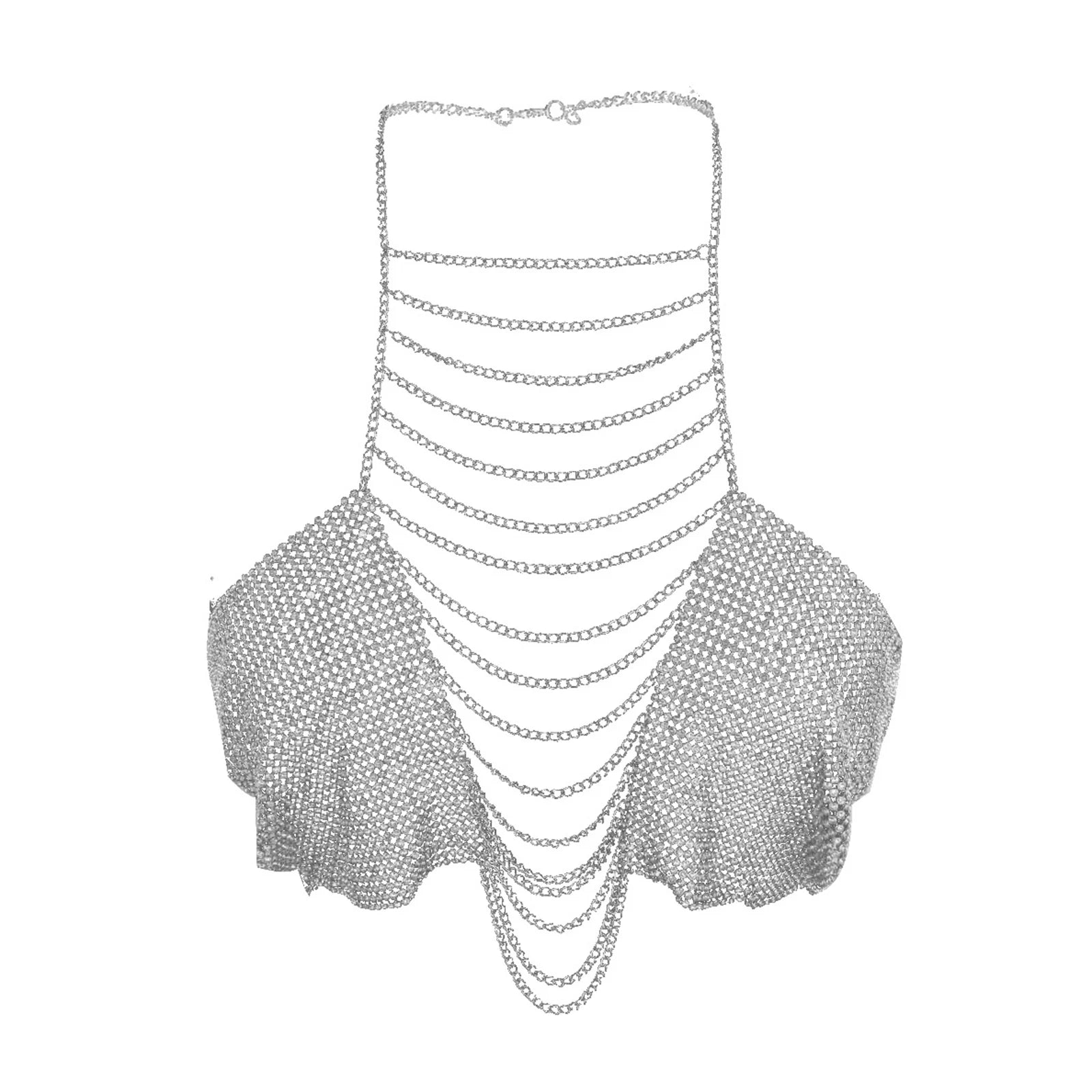 VacationGrabs rhinestone body chain top clubwear in silver with multiple delicate chains and sparkling rhinestones