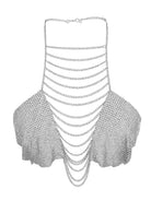 Silver rhinestone body chain top clubwear with cascading chain design for stylish party looks