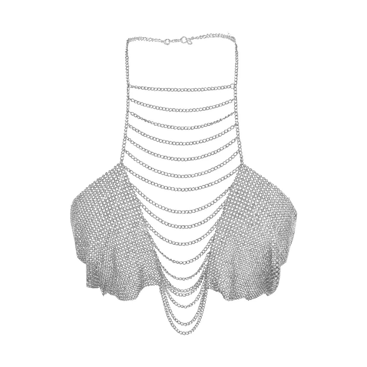 Silver rhinestone body chain top clubwear with cascading chain design for stylish party looks