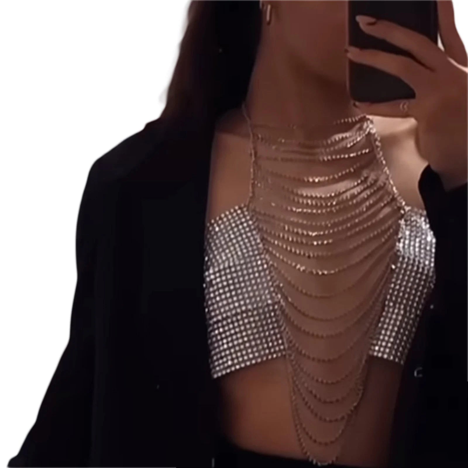 Rhinestone body chain top clubwear with layered chains and silver rhinestone bandeau under black jacket