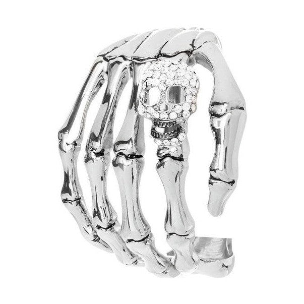 Silver skeleton jewelry women cuff bracelet featuring a detailed skeleton hand and sparkling skull