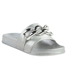 Silver Rag Company stylish vacation sandals for women with chain detail and textured footbed