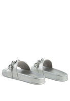 Rag Company silver stylish vacation sandals for women with decorative chain detail and textured sole