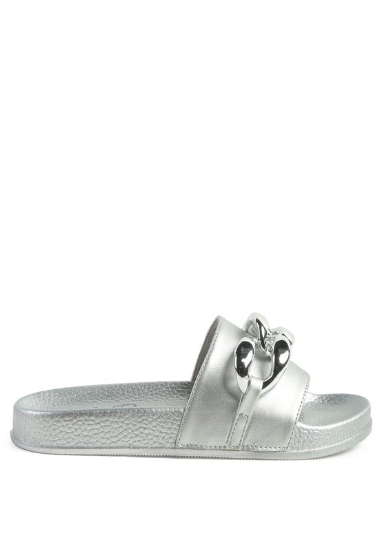 Rag Company silver slide sandals with decorative chain detail stylish vacation sandals for women
